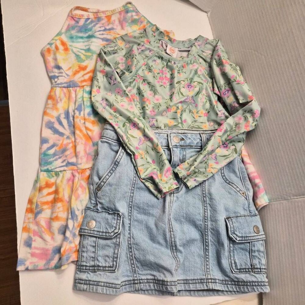 Girls Medium Clothing Bundle: Cat & Jack Jean Skirt & Tie-dye Sundress Sunshirt